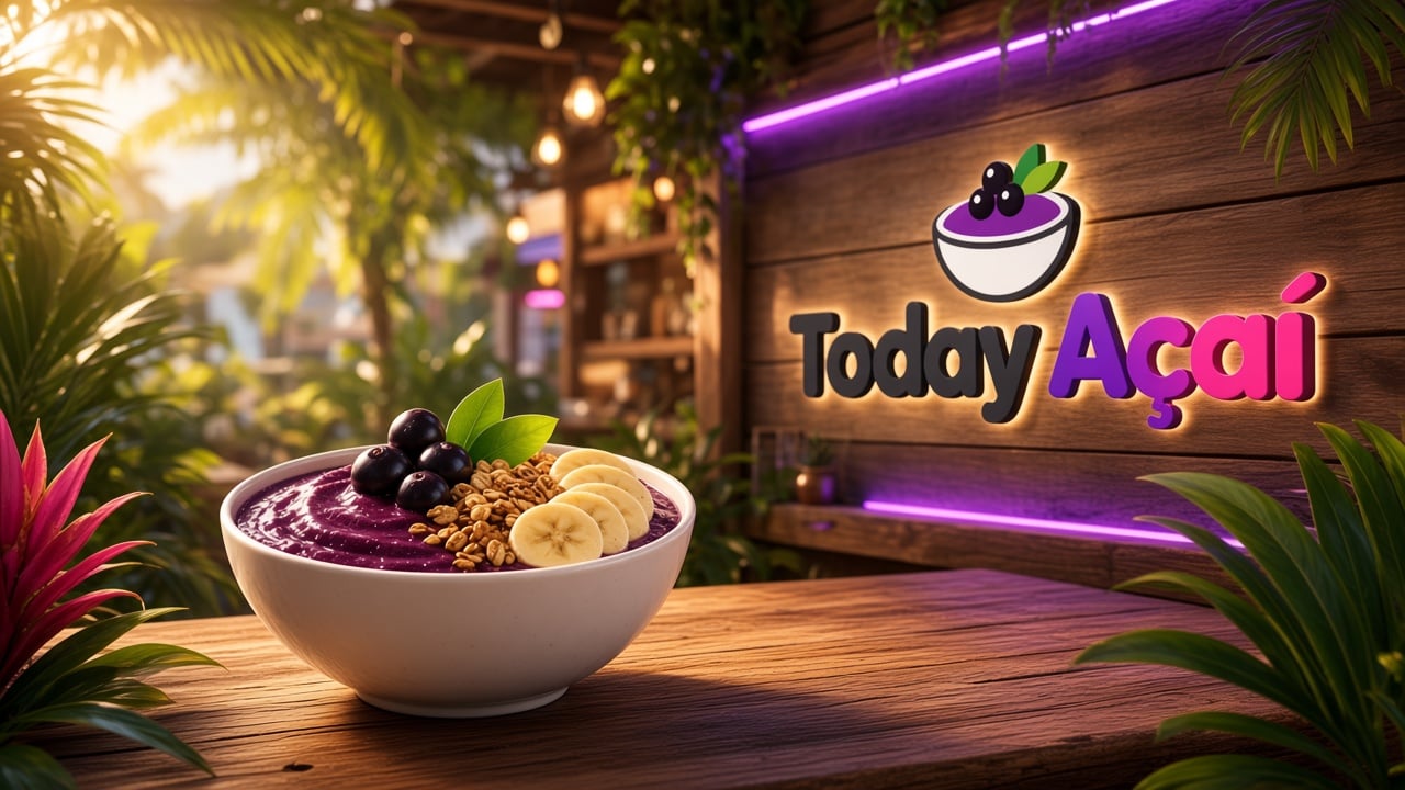 Banner horizontal de açaí com prompt Marca, cardápio digital