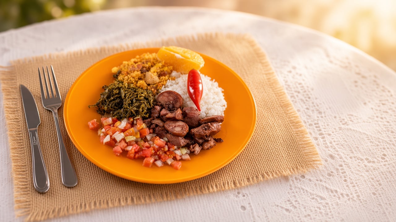 Banner horizontal de comida brasileira com prompt Destaque, cardápio digital