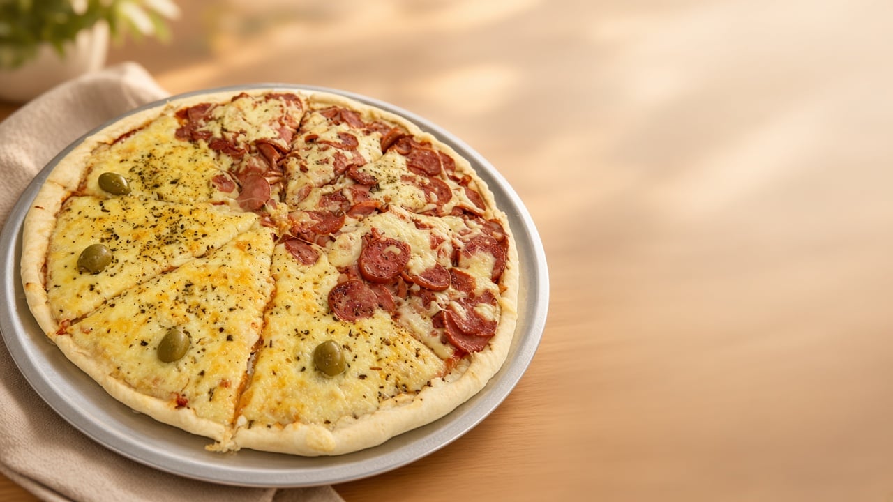 Banner horizontal de pizza com prompt Destaque, cardápio digital