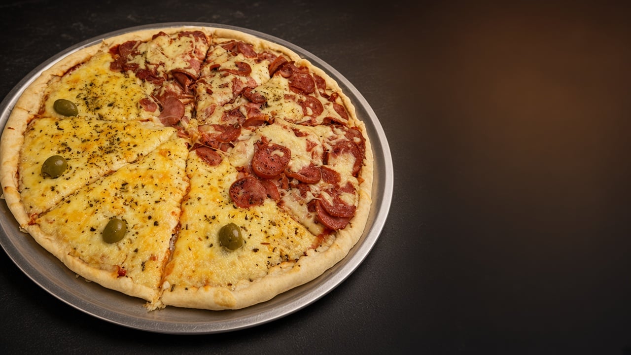 Banner horizontal de pizza com prompt Promo, cardápio digital