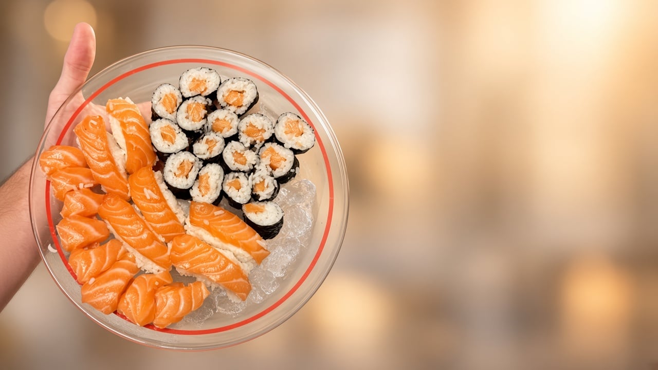 Banner horizontal de sushi com prompt Destaque, cardápio digital