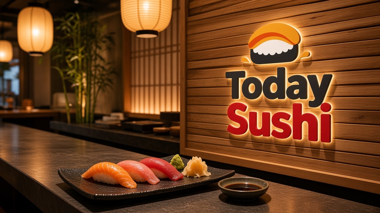 Banner horizontal de sushi com prompt Marca, cardápio digital