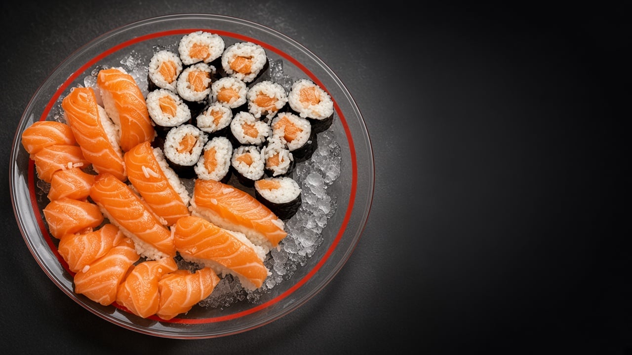 Banner horizontal de sushi com prompt Promo, cardápio digital