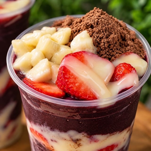 Foto melhorada de açaí com prompt Detalhes, exemplo comercial para delivery e cardápio