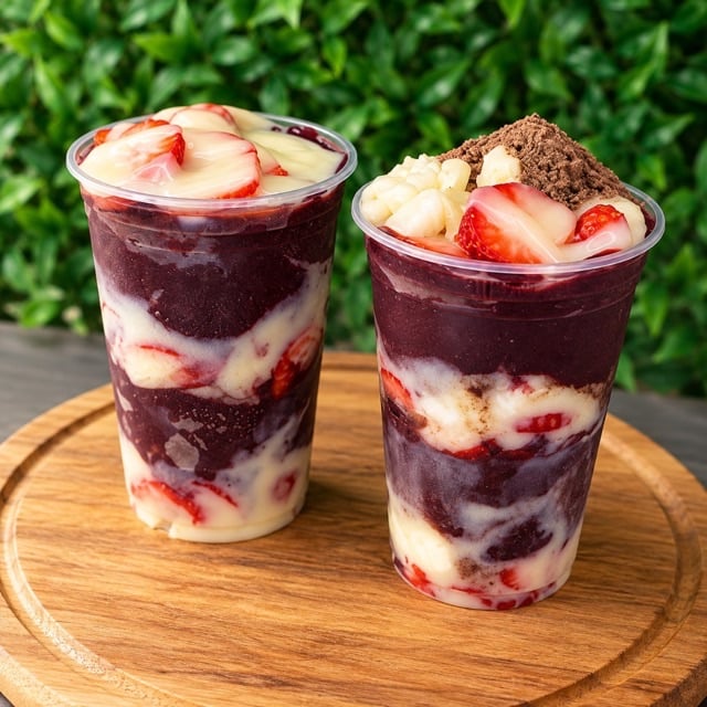 Foto melhorada de açaí com prompt Vibrante, exemplo comercial para delivery e cardápio