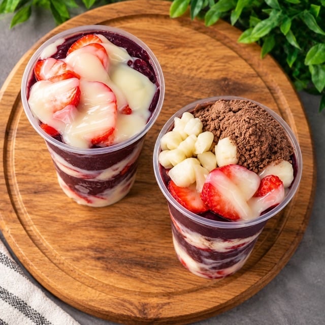 Foto melhorada de açaí com prompt Vista de cima, exemplo comercial para delivery e cardápio