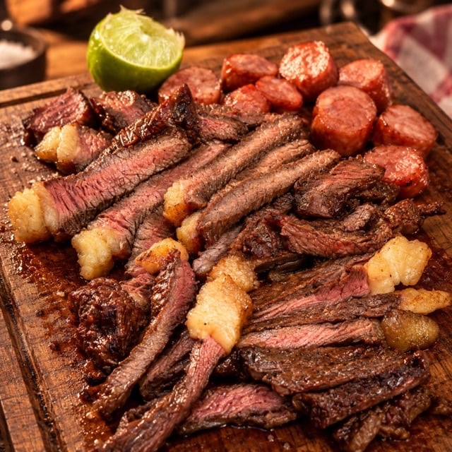Foto melhorada de carnes com prompt Brasa, exemplo comercial para delivery e cardápio