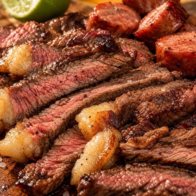 Foto melhorada de carnes com prompt Detalhes, exemplo comercial para delivery e cardápio