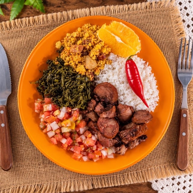 Foto melhorada de comida brasileira com prompt Vista de cima, exemplo comercial para delivery e cardápio