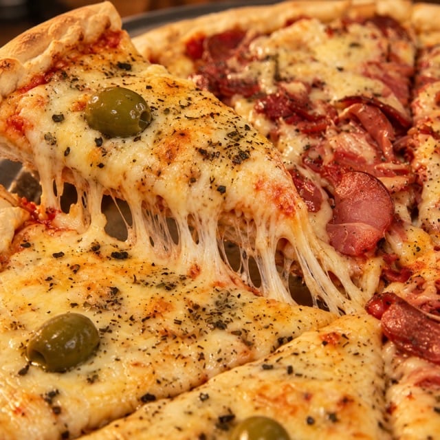 Foto melhorada de pizza com prompt Detalhes, exemplo comercial para delivery e cardápio