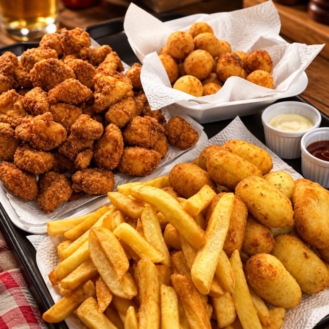 Foto melhorada de porções com prompt Crocantes, exemplo comercial para delivery e cardápio
