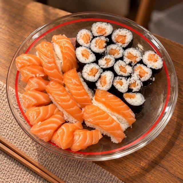 Foto melhorada de sushi com prompt Elegante, exemplo comercial para delivery e cardápio