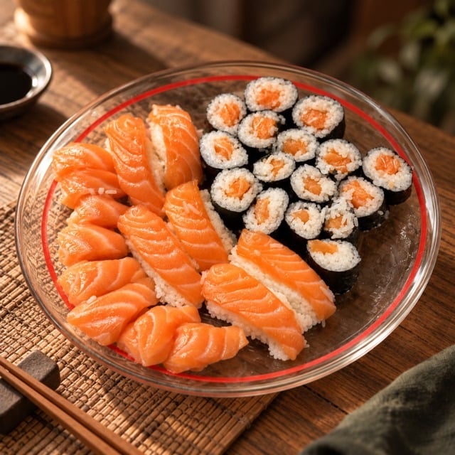 Foto melhorada de sushi com prompt Mesa japonesa, exemplo comercial para delivery e cardápio